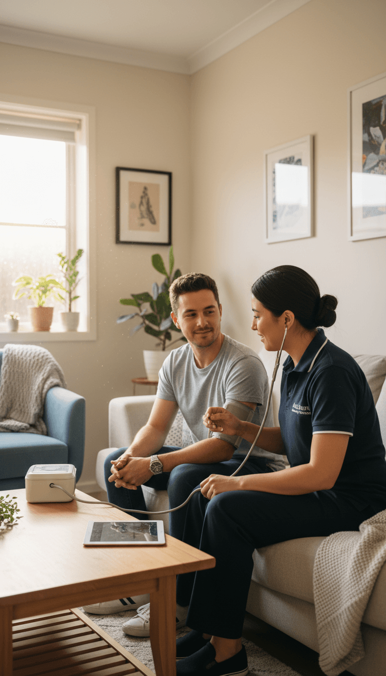 Ausculture nurse conducting a health check for an NDIS participant in a home setting