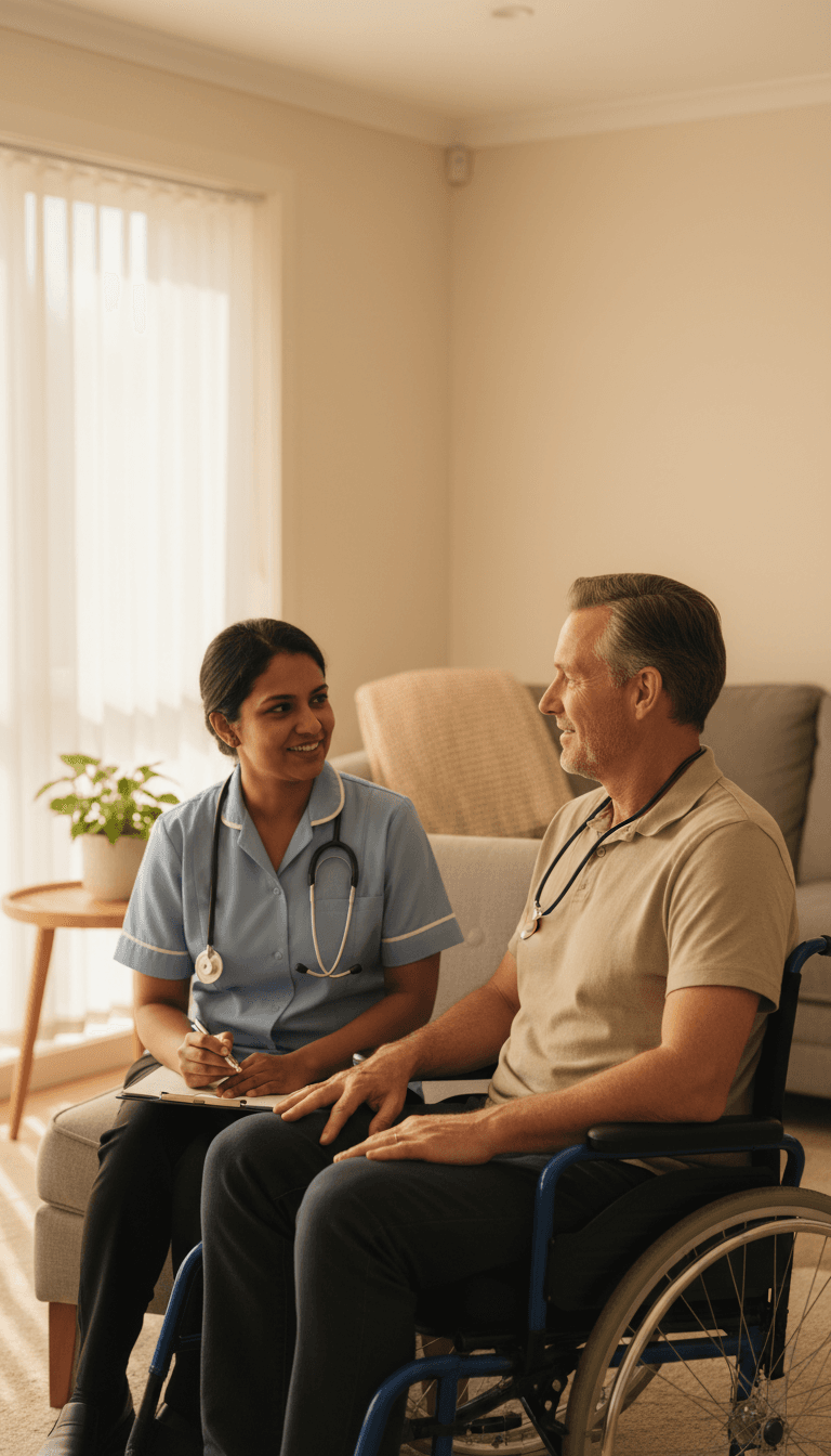 Community nurse conducting health assessment with NDIS participant in a home setting