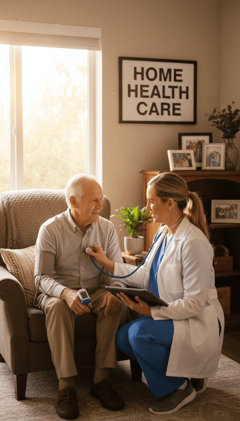 Professional nurse conducting health assessment with patient in home setting, warm natural lighting